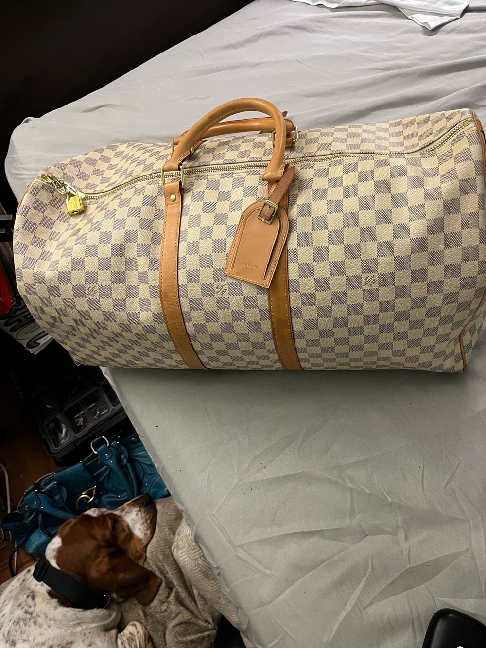 Louis Vuitton Damier Azur Canvas Duffel in Cream and Tan - Picture 2 of 7